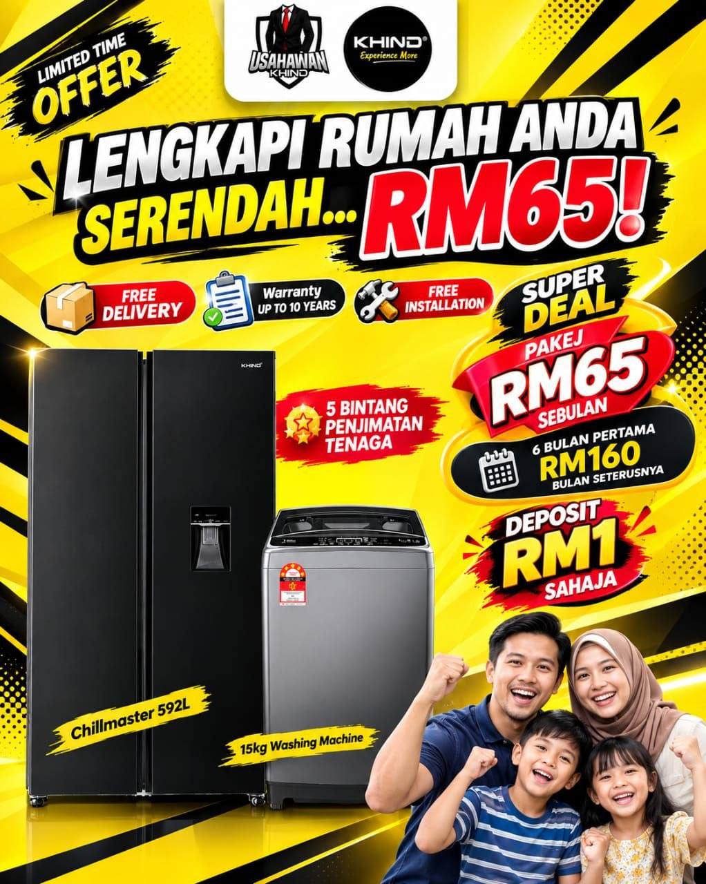 Poster pakej KHIND Chillmaster 592L bersama mesin basuh 15kg