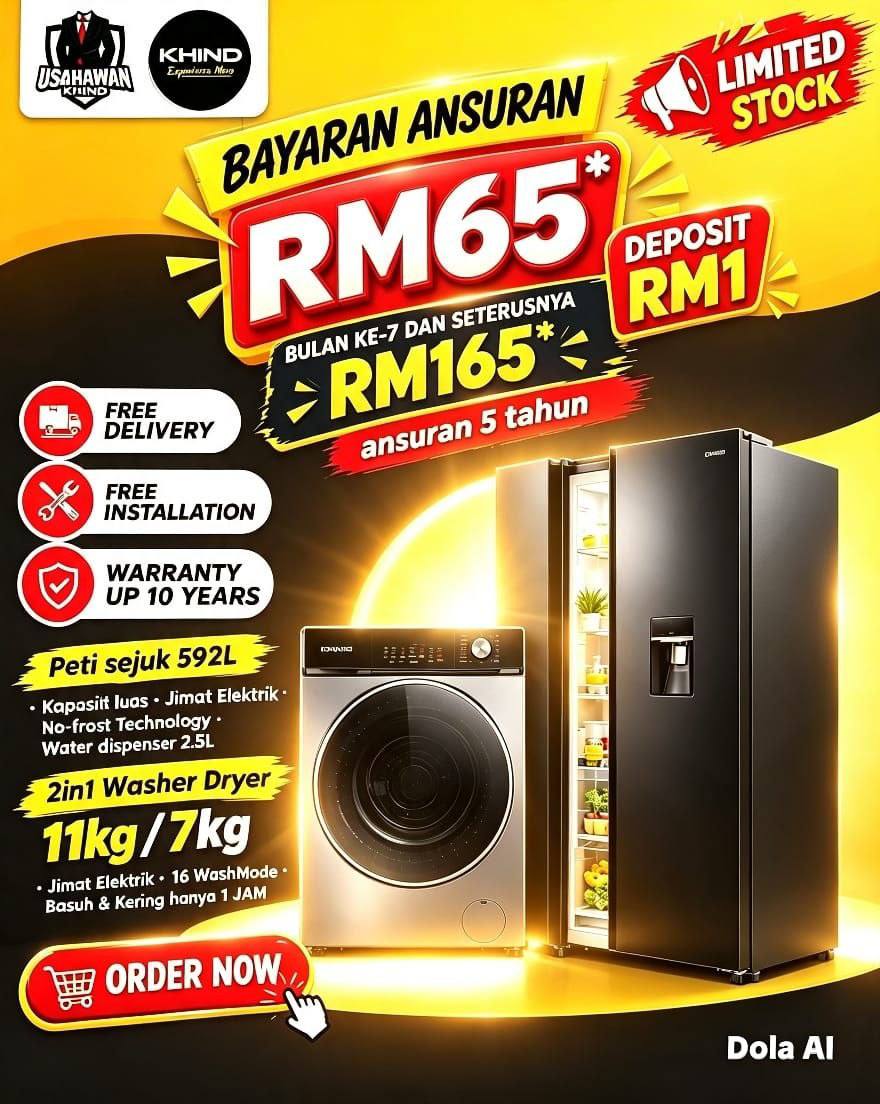Poster pakej KHIND washer dryer 11kg/7kg bersama peti sejuk 592L