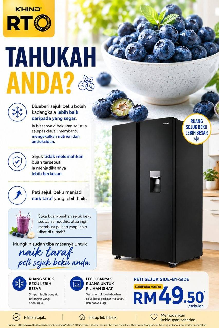 Poster KHIND tentang buah sejuk beku dan peti sejuk side-by-side